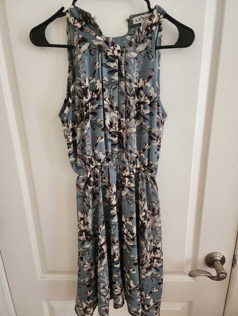 L.A. Soul Floral Halter Dress | Slate Blue Boho Pleated Mini Sundress Size Small